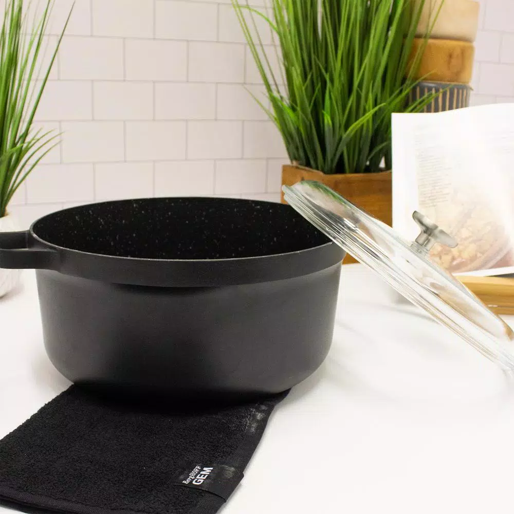 BergHOFF GEM 7.7 qt. Cast Aluminum Nonstick Stock Pot with Glass Lid, Black