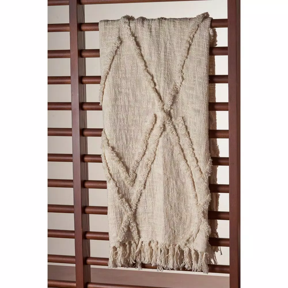 LR Resources LR Home Handmade Boho Tufted Cotton Throw Blanket with Fringe, Beige, 50 x 60 in