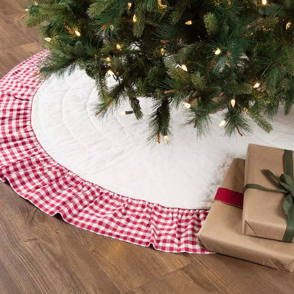 VHC Brands Emmie 60 in. Red Ruffled Patchwork Farmhouse Christmas Tree Skirt
