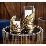 LITTON LANE Large Metallic Gold Feather Candle Holder with 6" x 9" Hurricane Glass thumbnail 1