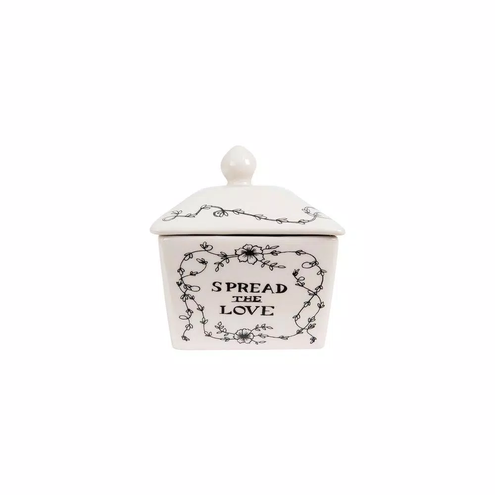 3R Studios White and Black Stoneware Butter Dish with Lid, Farm Scene Design