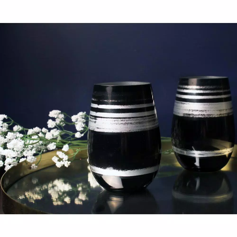 Rolf Glass Cosmo 16.5 oz. Stemless Wine Tumblers, Black/Silver (Set of 4)