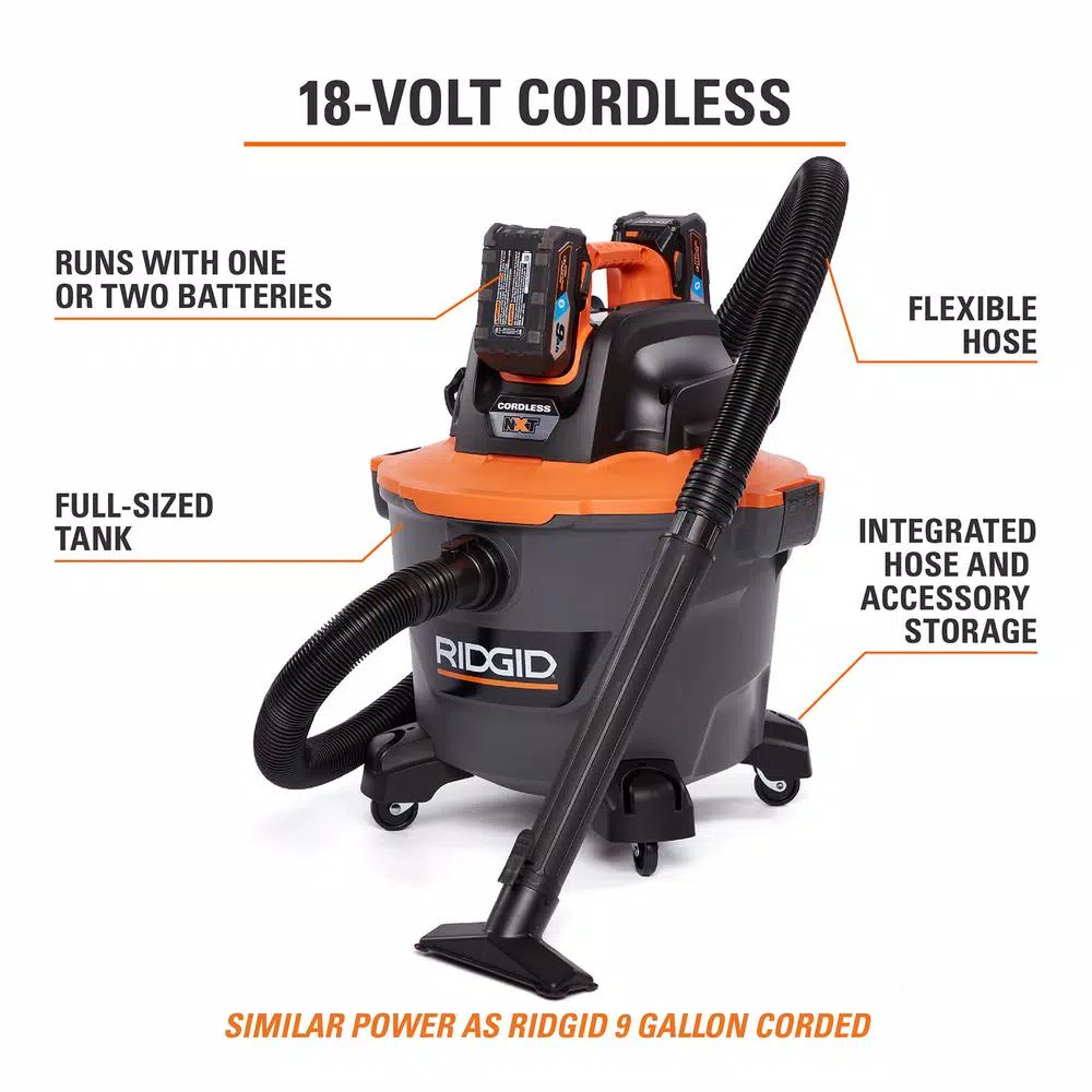 RIDGID 9 Gal. Cordless Wet/Dry Shop Vacuum Kit with (2) 18V OCTANE 3.0 Ah Lithium-Ion Batteries and Charger