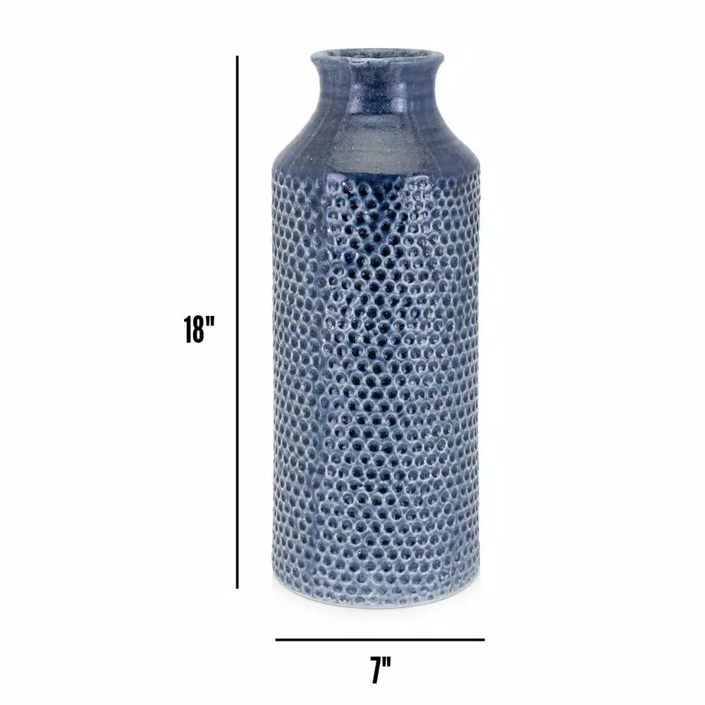 IMAX Skye Blue Large Ceramic Floor Vase - 18in Cylindrical Textured Vase
