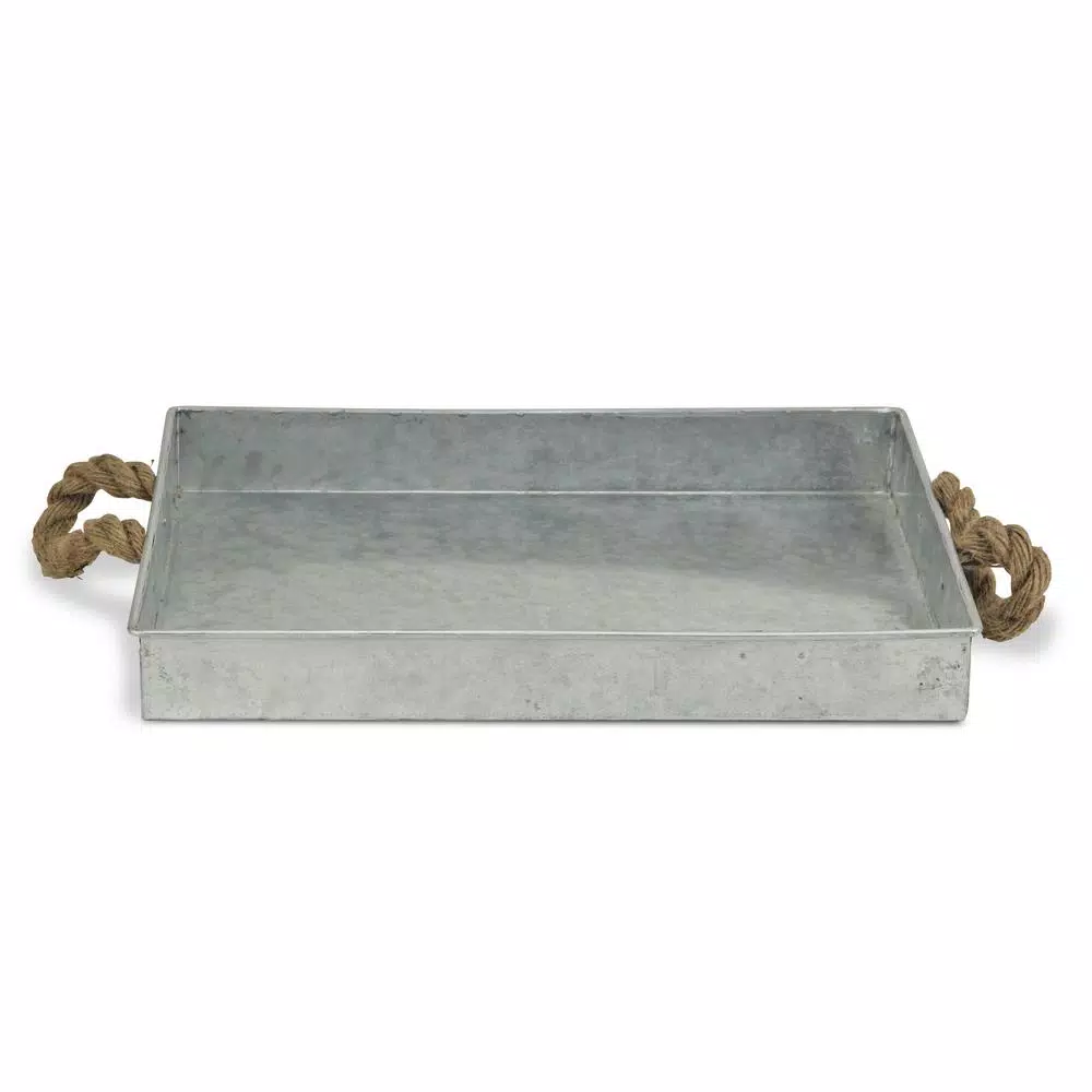 Cheungs Galvanized Metal Rectangular Decorative Tray with Rope Handles - Farmhouse & Industrial Style