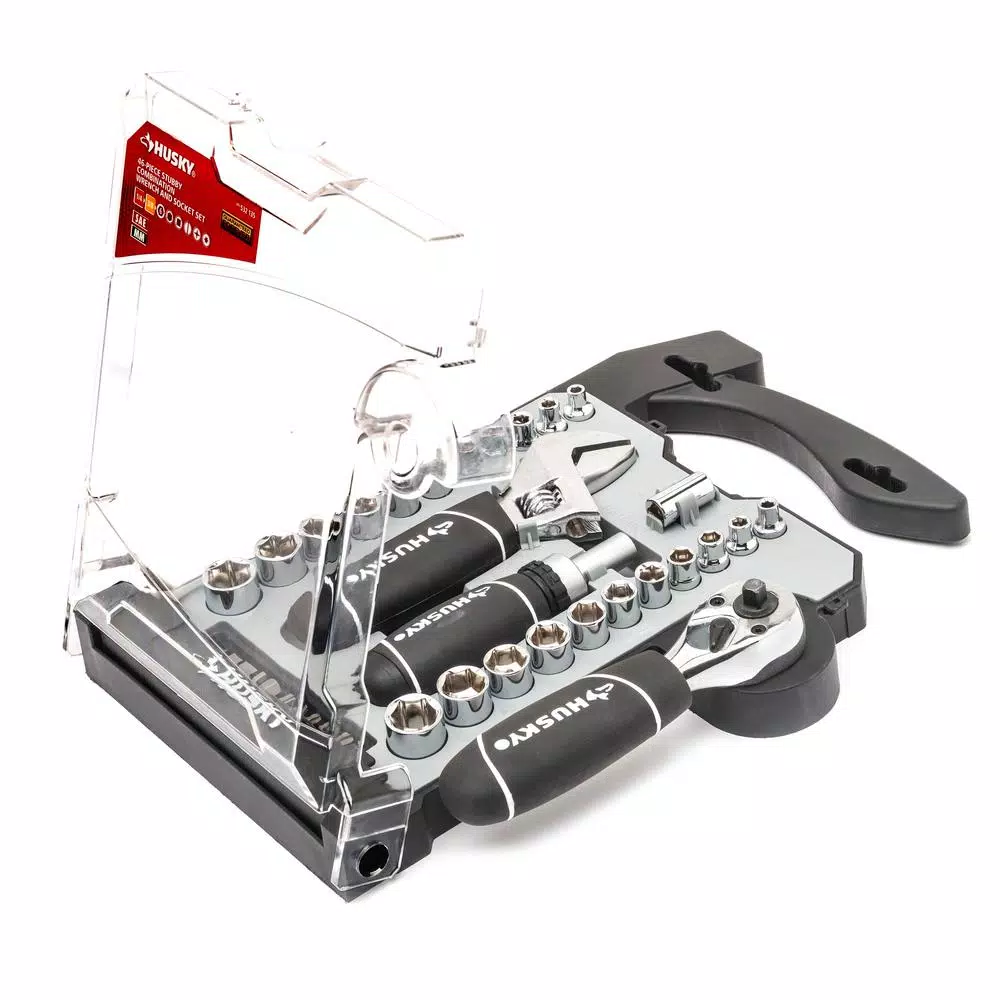 Husky 46-Piece Stubby Ratchet and Socket Set with 1/4 in. and 3/8 in. Dual Drive Ratchet