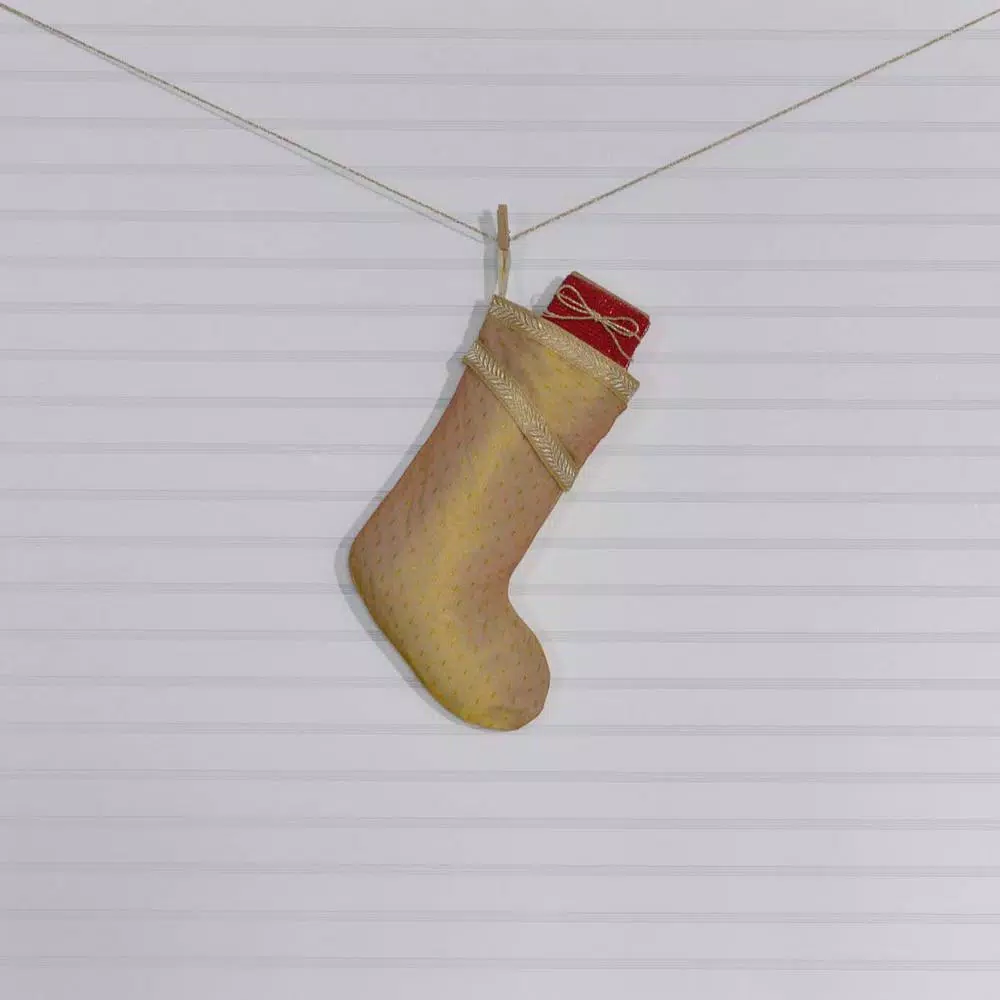 VHC Brands 15 in. Gold and Antique White Tinsel Christmas Stocking - Cotton/Nylon Glam Decor