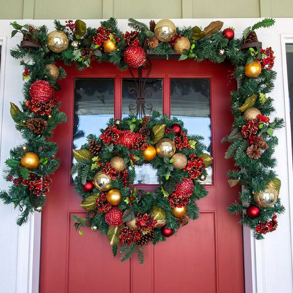 Village Lighting Company 9 ft. Pre-Lit LED Scarlet Hydrangea Artificial Garland with Warm White Lights