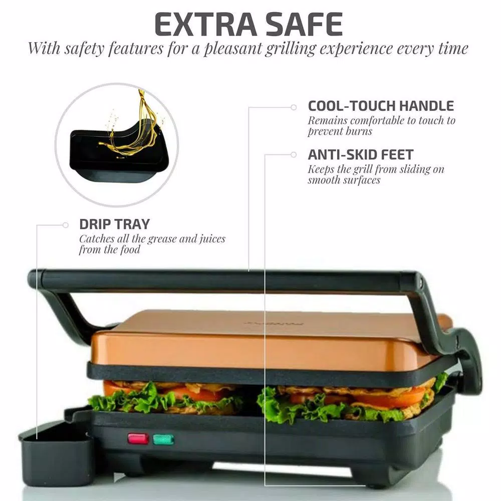 Ovente 1000W Copper Electric Panini Press Grill, 2-Slice Sandwich Maker with Drip Tray