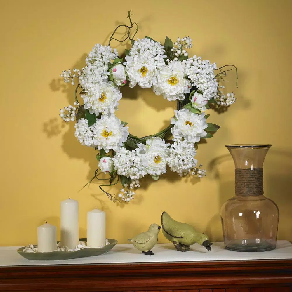 Nearly Natural 20 in. White Peony Hydrangea Wreath