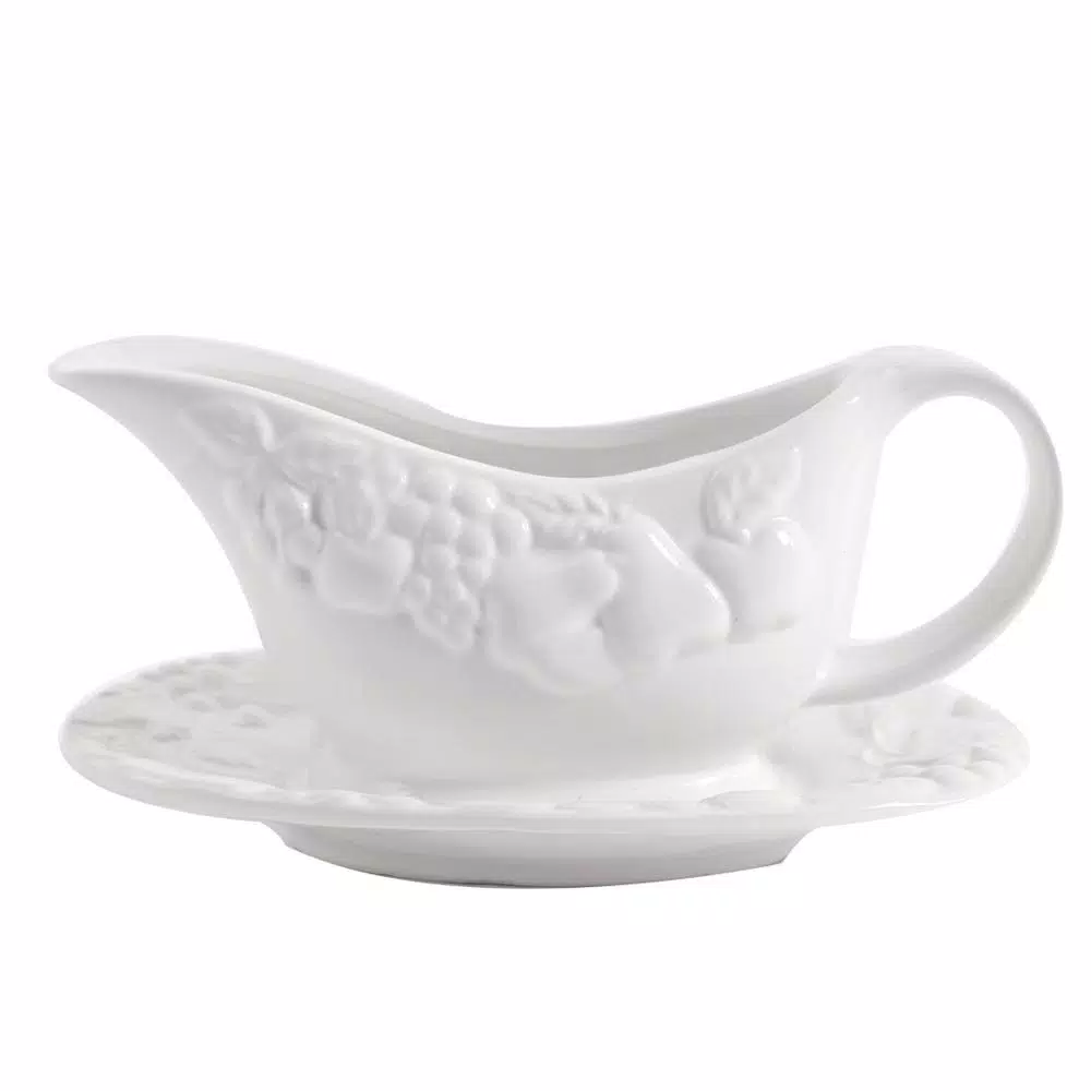 Gibson Home Fruitful 8 in. White Durastone Gravy Boat with Saucer