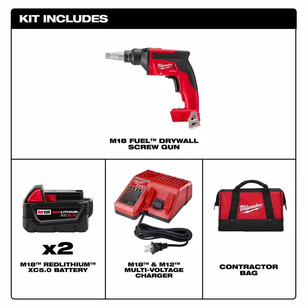 Milwaukee M18 FUEL 18V Brushless Cordless Drywall Screw Gun Kit with (2) 5.0Ah Batteries, Charger and Bag