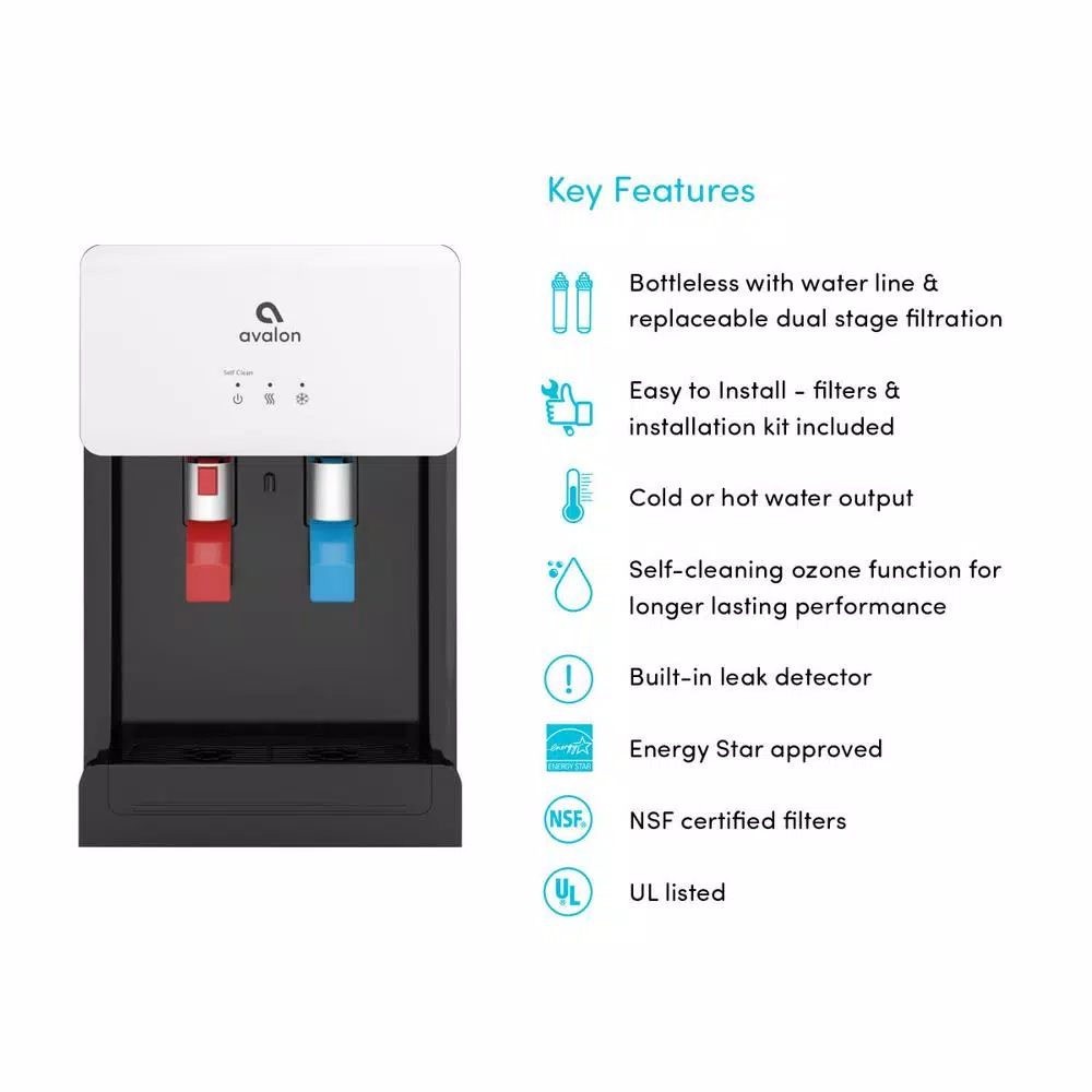 Avalon Countertop Bottleless Water Cooler Dispenser, Hot & Cold, Self-Cleaning Ozone, White