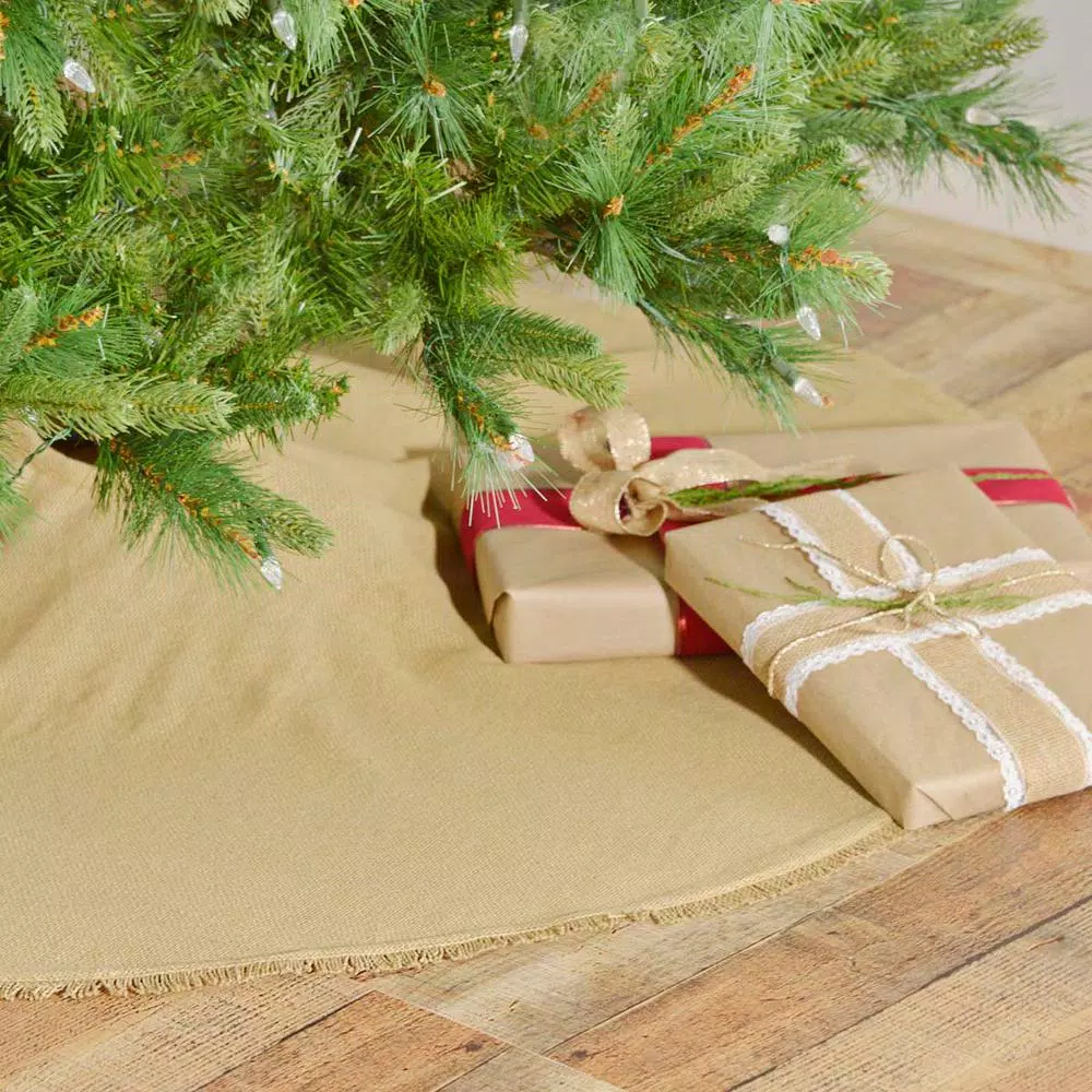VHC Brands 48 in. Natural Burlap Christmas Tree Skirt with Fringed Edge and Taffeta Reverse