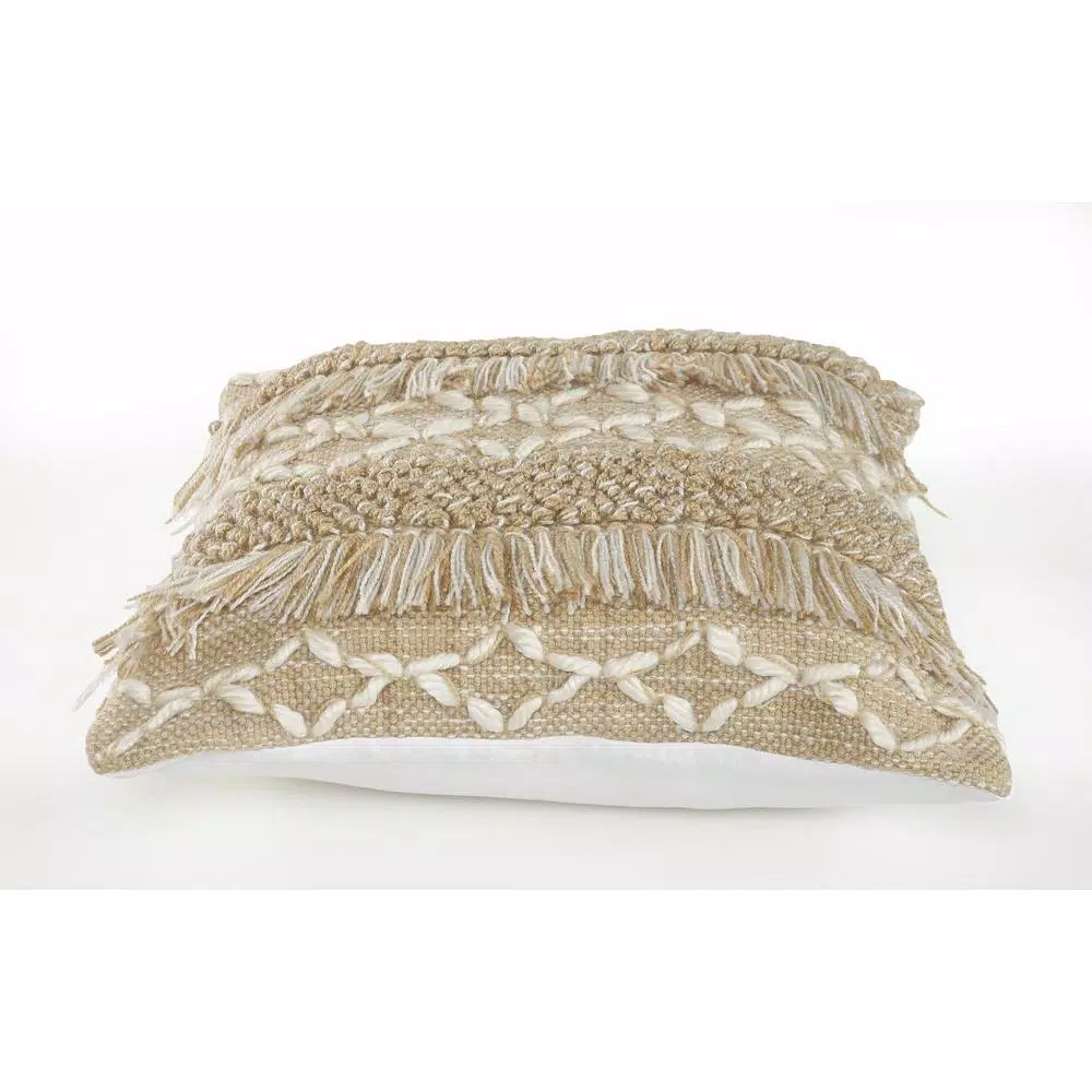 LR Home 20 in. x 20 in. Rustic Beige and White Geometric Fringe Throw Pillow