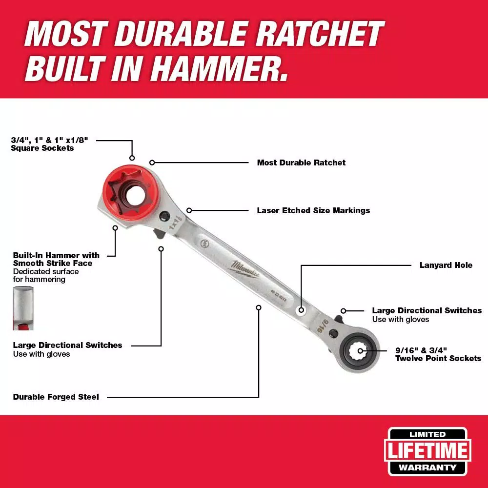 Milwaukee Lineman's 5-in-1 Ratcheting Wrench, Forged Steel, Multi-Size