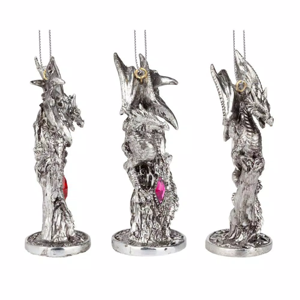 Design Toscano Three Dragons of the Amesbury Holiday Gemstone Ornament Set, 3-Piece Silver Resin