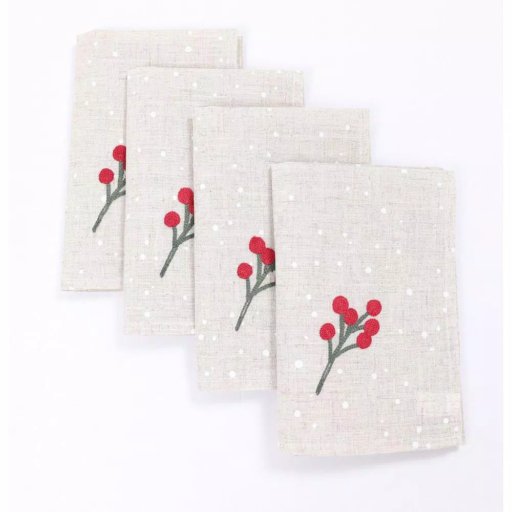Manor Luxe Holly Berry Branch Crewel Embroidered Christmas Napkins, Linen Blend, Set of 4