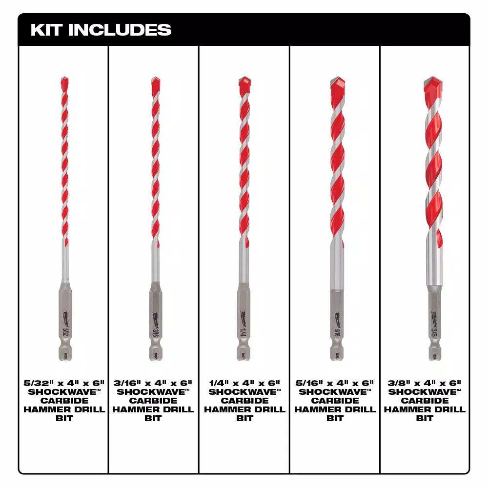 Milwaukee SHOCKWAVE Carbide Hammer Drill Bit Set, 5-Piece Masonry Bit Kit
