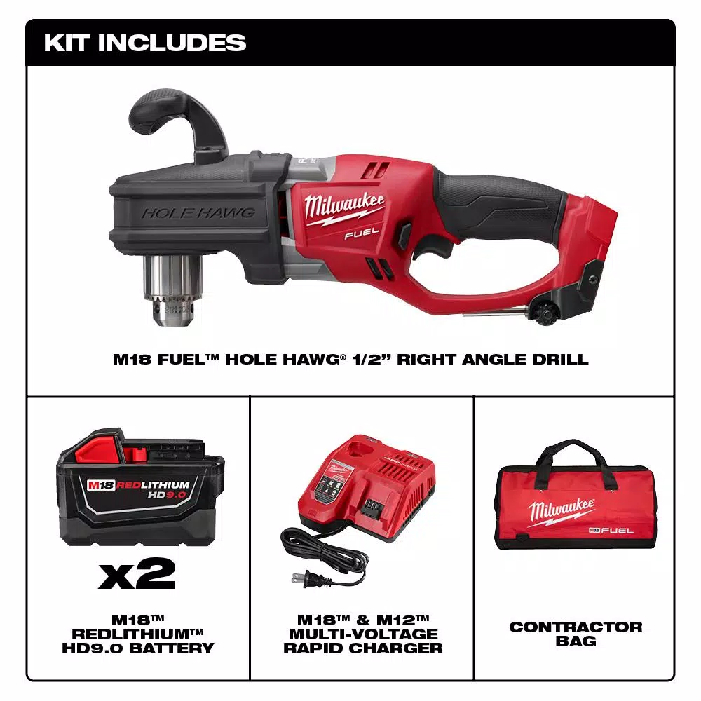 Milwaukee M18 FUEL 1/2 in. Right Angle Drill Kit with (2) 9.0 Ah Batteries and Rapid Charger
