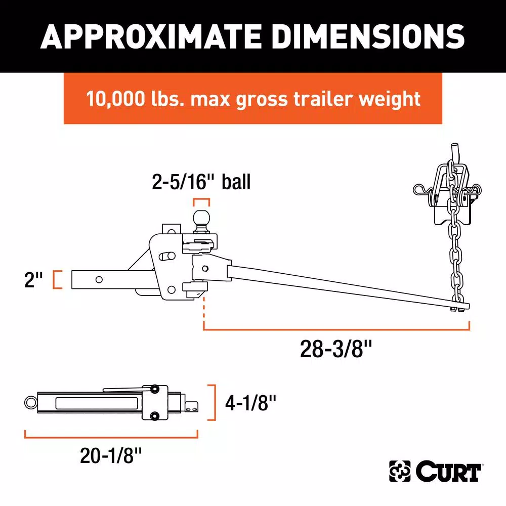 CURT Short Trunnion Bar Weight Distribution Hitch Kit (8K-10K lbs GTW, 28-3/8" Bars)