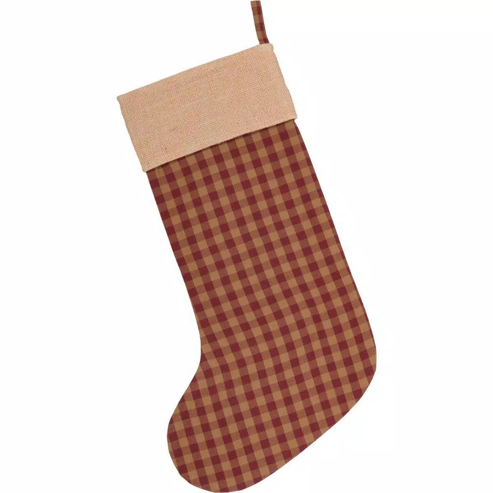 VHC Brands 20 in. Burgundy Check Primitive Christmas Button Stocking - Red and Tan Cotton/Jute Decor