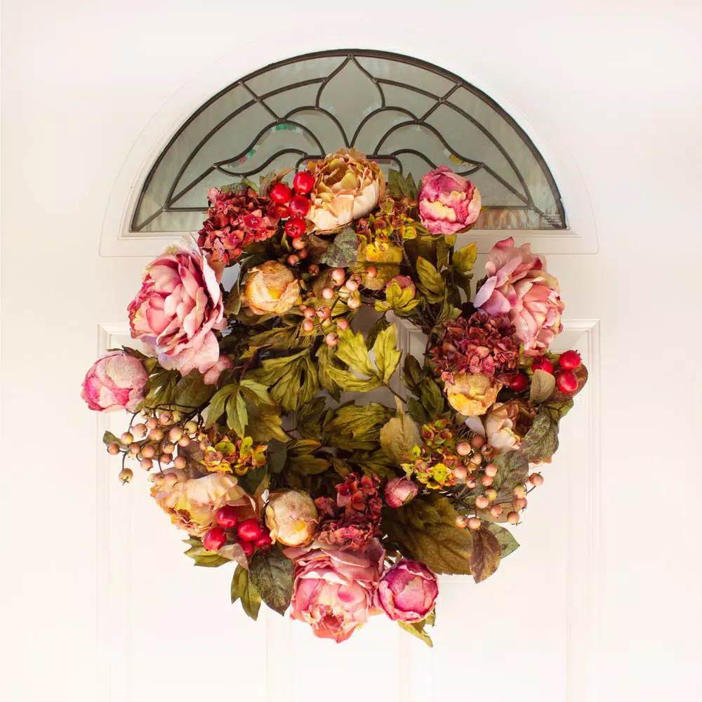 Nearly Natural 24 in. Red Peony Hydrangea Wreath with Berries and Greenery