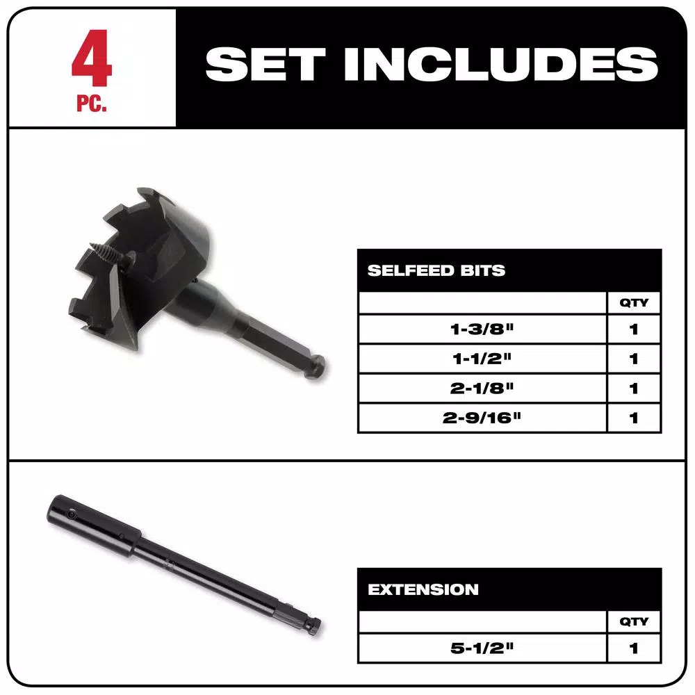 Milwaukee 49-22-0135 Contractor Selfeed Wood Boring Bit Set, 4-Piece High Speed Steel Auger Bit Kit