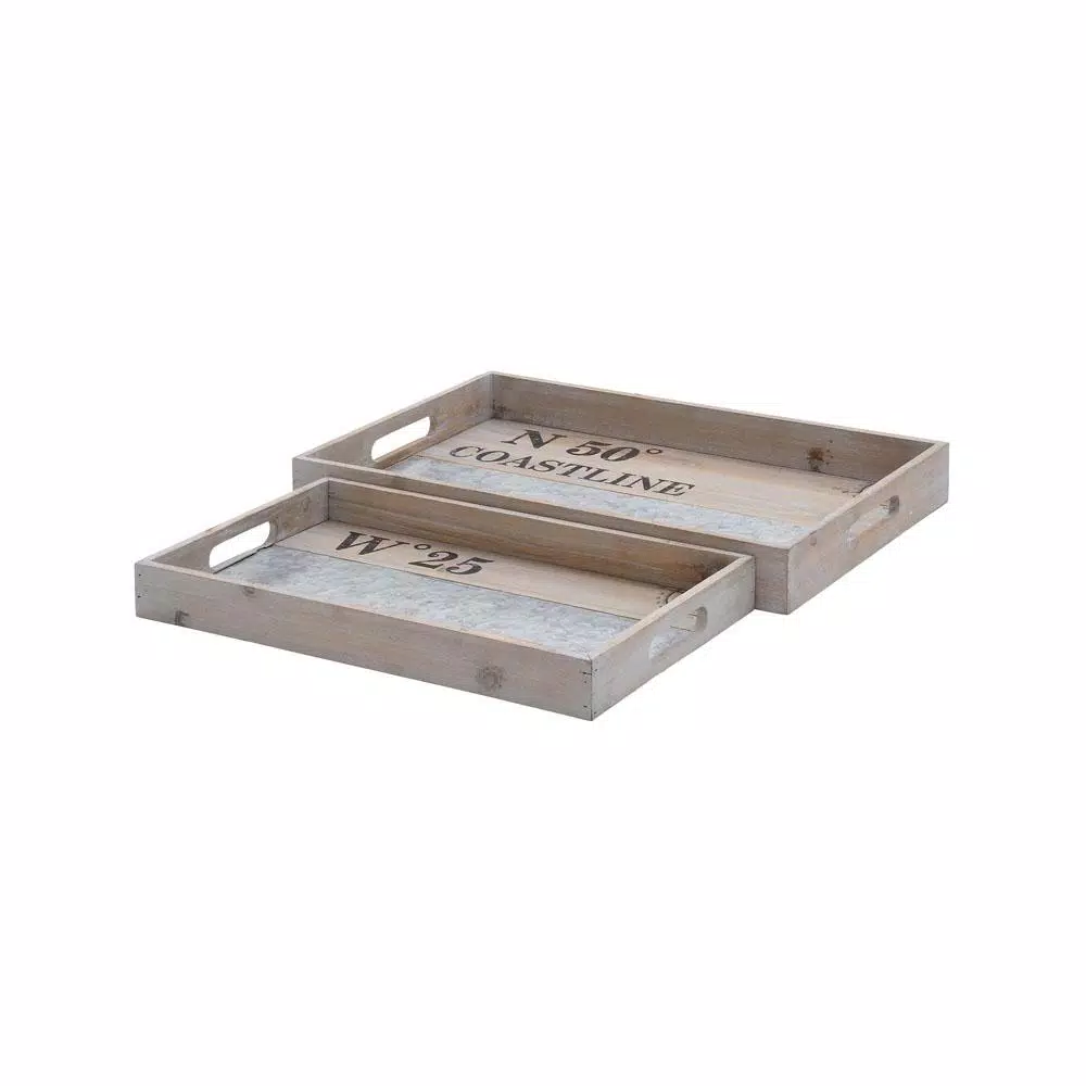LITTON LANE Coastal Living Rustic Wood & Galvanized Metal Decorative Serving Trays, Set of 2