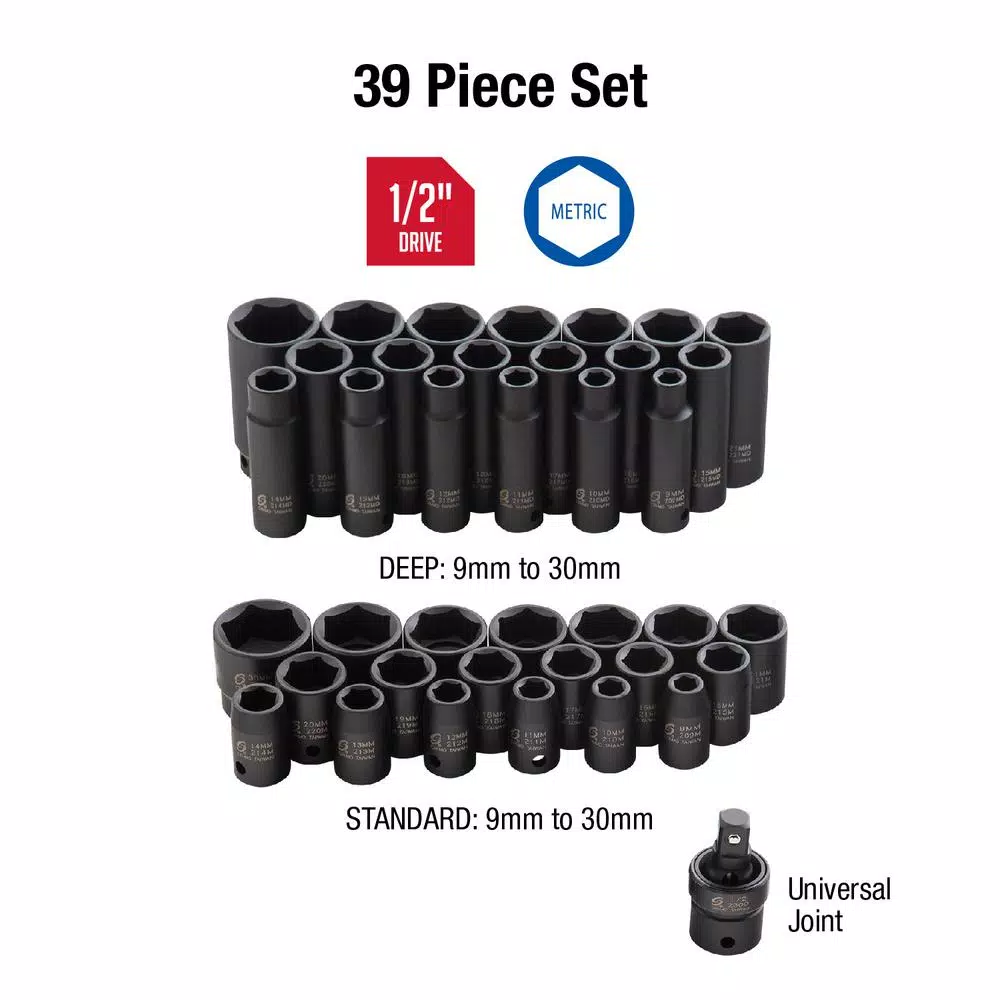 SUNEX TOOLS Sunex 2669 1/2-in. Drive Metric Impact Socket Set, 39-Piece