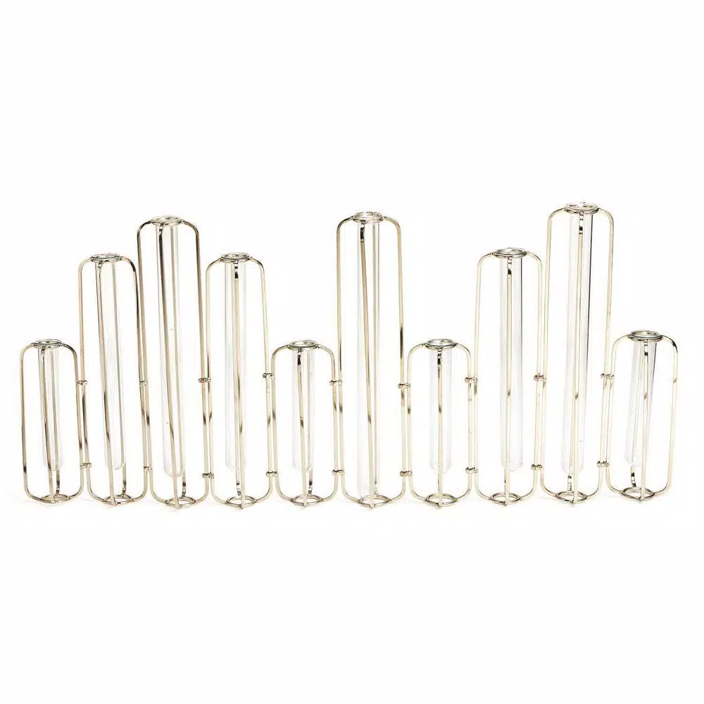Two's Company Lavoisier Gold Stainless Steel and Glass Hinged Flower Vases, Set of 10