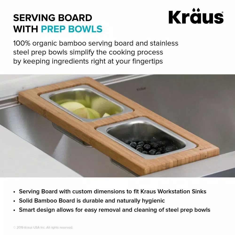 Kraus Workstation Kitchen Sink Bamboo Serving Board Set with 2 Stainless Steel Prep Bowls