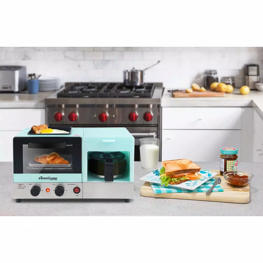 Americana 3-in-1 Breakfast Center - 2-Slice Toaster Oven, 4-Cup Coffee Maker & Griddle, Blue