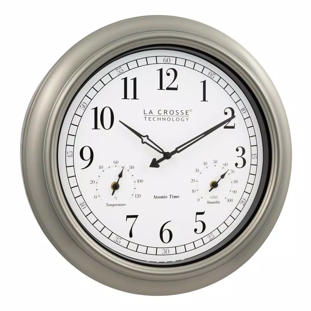 La Crosse Technology 18-Inch Atomic Analog Wall Clock with Thermometer & Hygrometer, Pewter