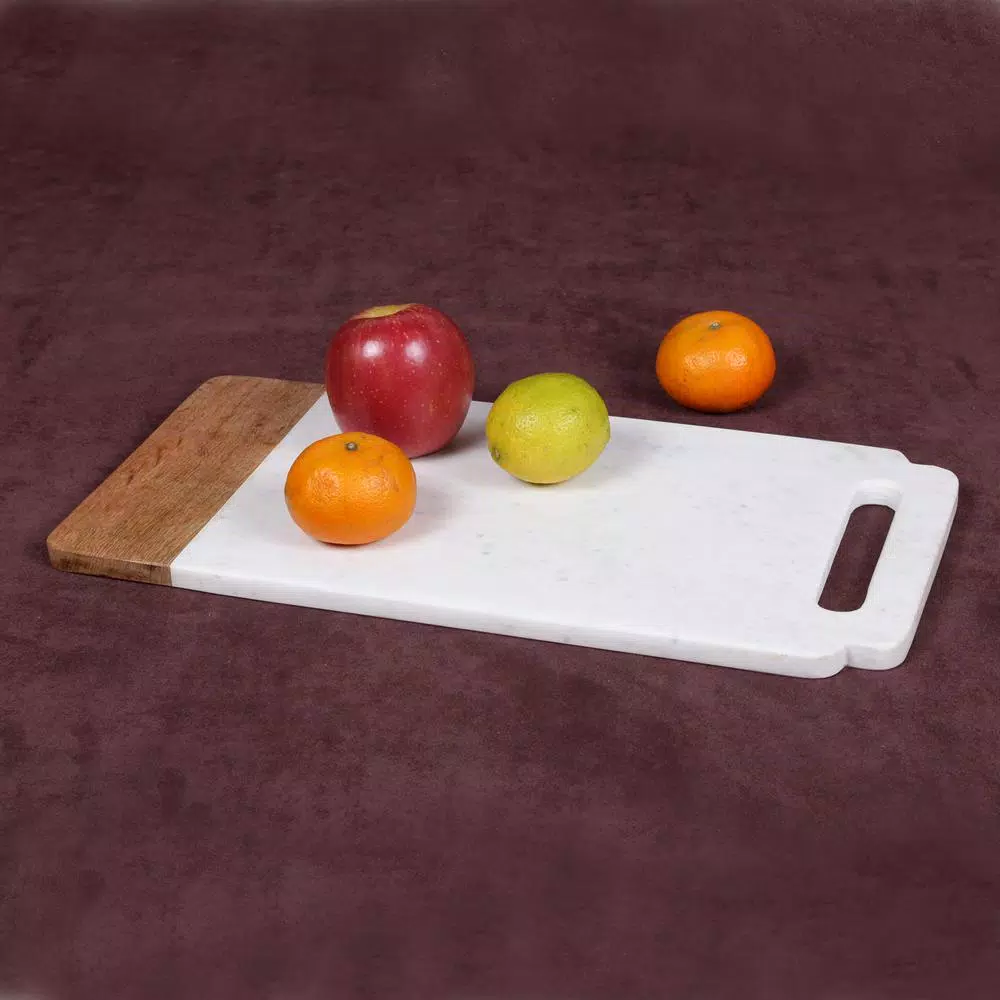 Creative Home Taj Elite Creamy White Marble and Mango Wood Serving Board, 18 x 9 in.