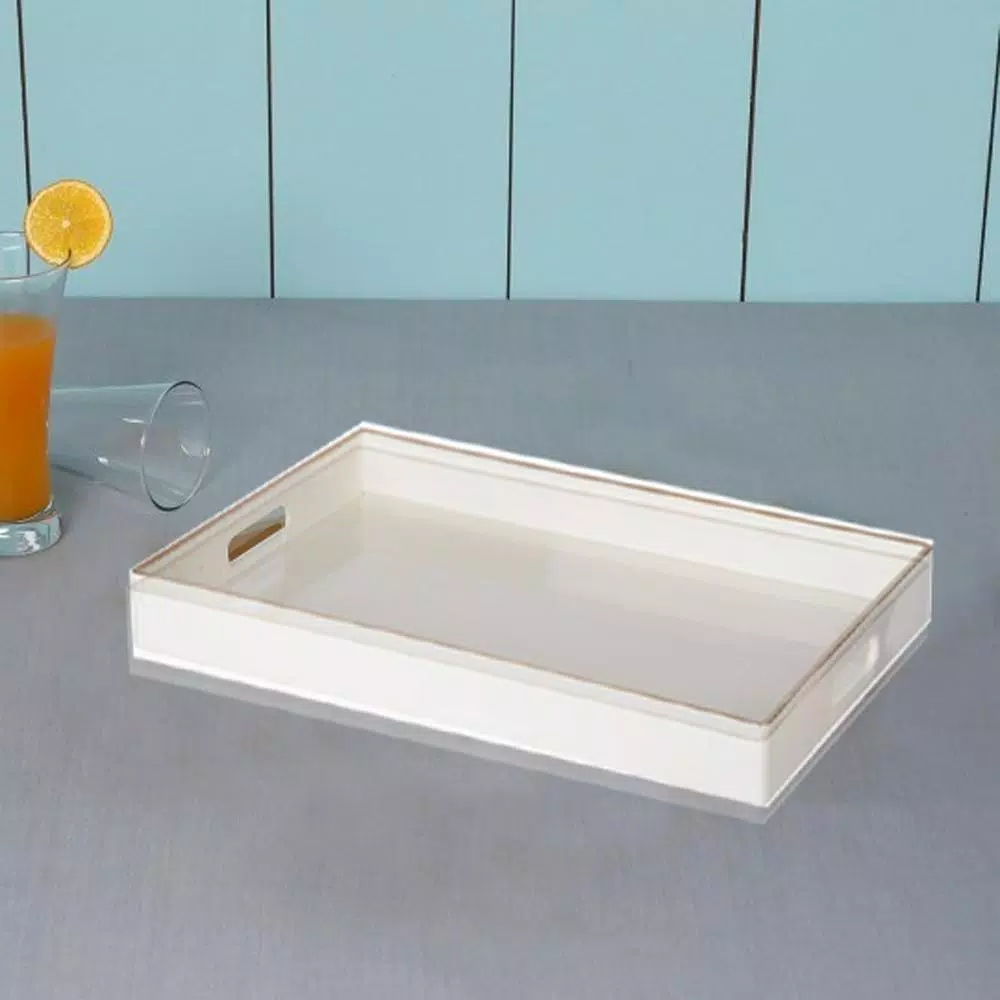 Benzara Mimosa Decor White Rectangle Serving Tray with Cutout Handles