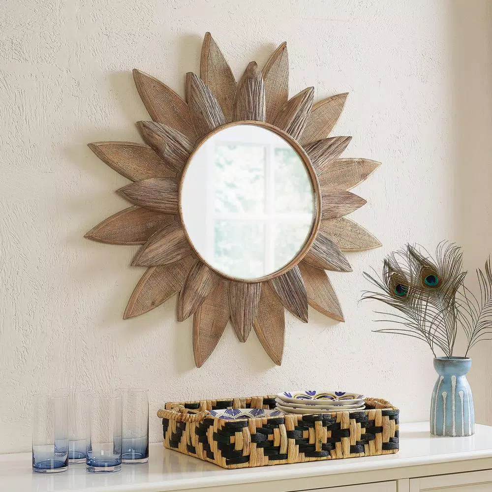Home Decorators Collection Sunburst Art Deco Accent Mirror, Brown Antiqued Wood, 33.8 in.