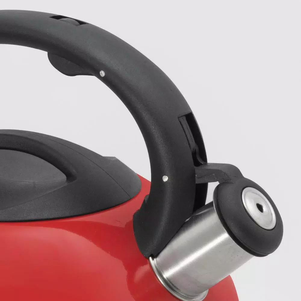 ExcelSteel 3 Qt. Red Stainless Steel Whistling Tea Kettle with Stay-Cool Bakelite Handle