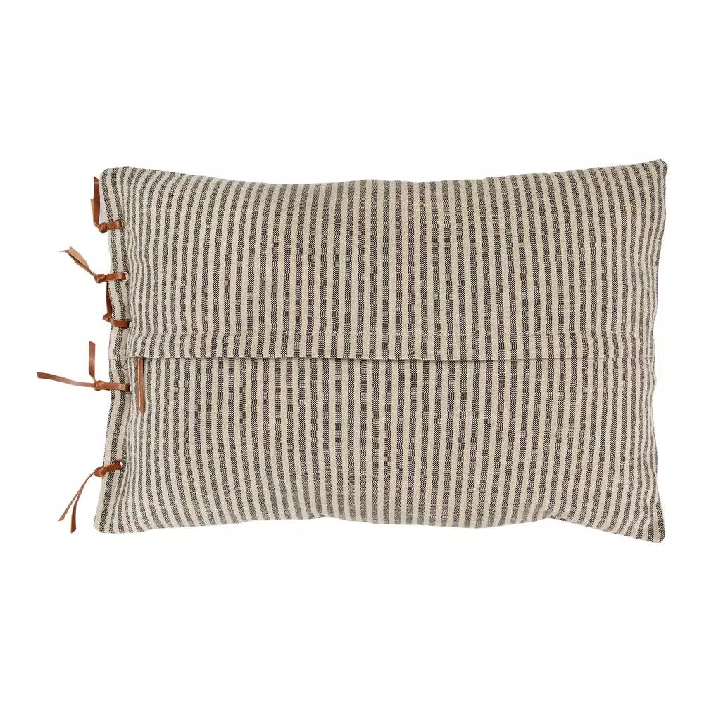 3R Studios Black & Beige Striped Cotton Ticking Lumbar Throw Pillow with Leather Trim, 24 x 16 in.