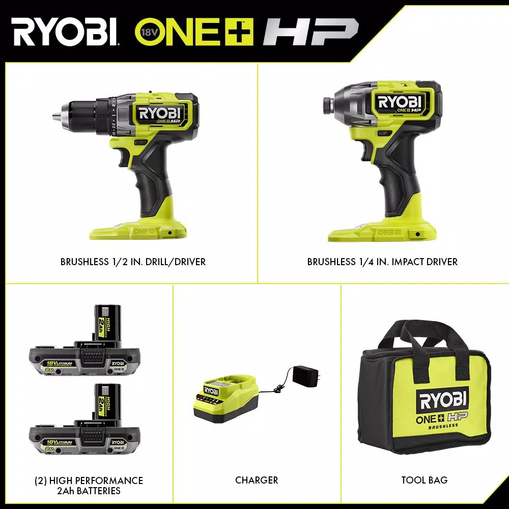 RYOBI 18V ONE+ HP Brushless 2-Tool Combo Kit: 1/2 in. Drill/Driver and 1/4 in. Impact Driver with (2) 2.0 Ah Batteries