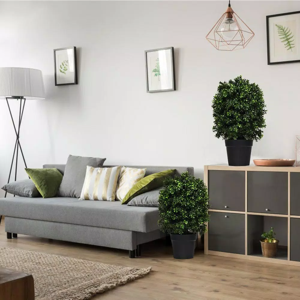 Costway 24 in. Artificial Boxwood Topiary Ball Tree Set of 2 - Indoor/Outdoor Faux Greenery