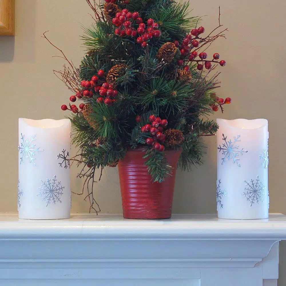 LUMABASE 6 in. Silver Snowflake Flameless LED Pillar Candles, Set of 2