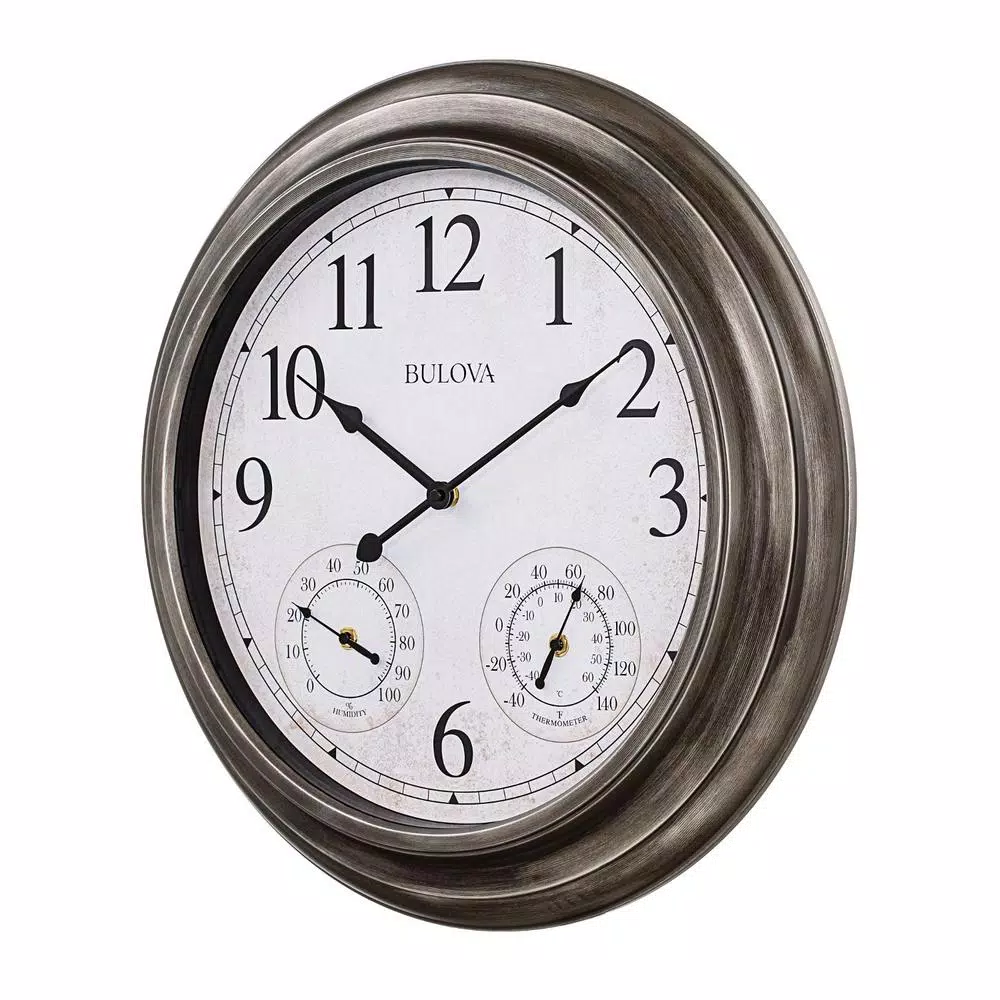Bulova Block 20 in. Indoor/Outdoor Round Wall Clock with Thermometer and Hygrometer, Aged Silver