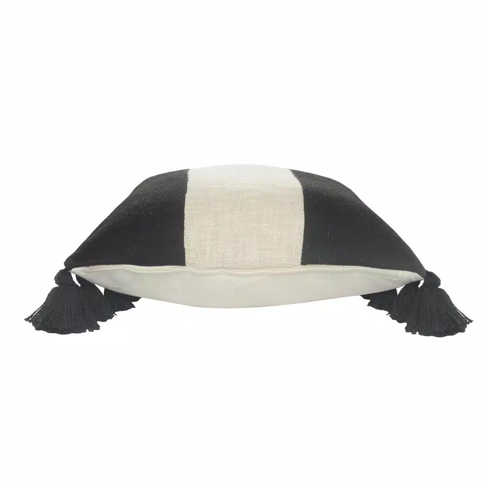 LR Home Trinity Black and Ivory Striped Fringe Throw Pillow, 20 x 20 in.