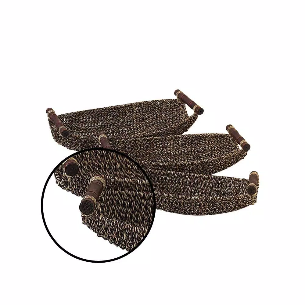 LITTON LANE Globe Trotter Set of 3 Seagrass Boat-Shaped Trays with Cherrywood Dowel Handles