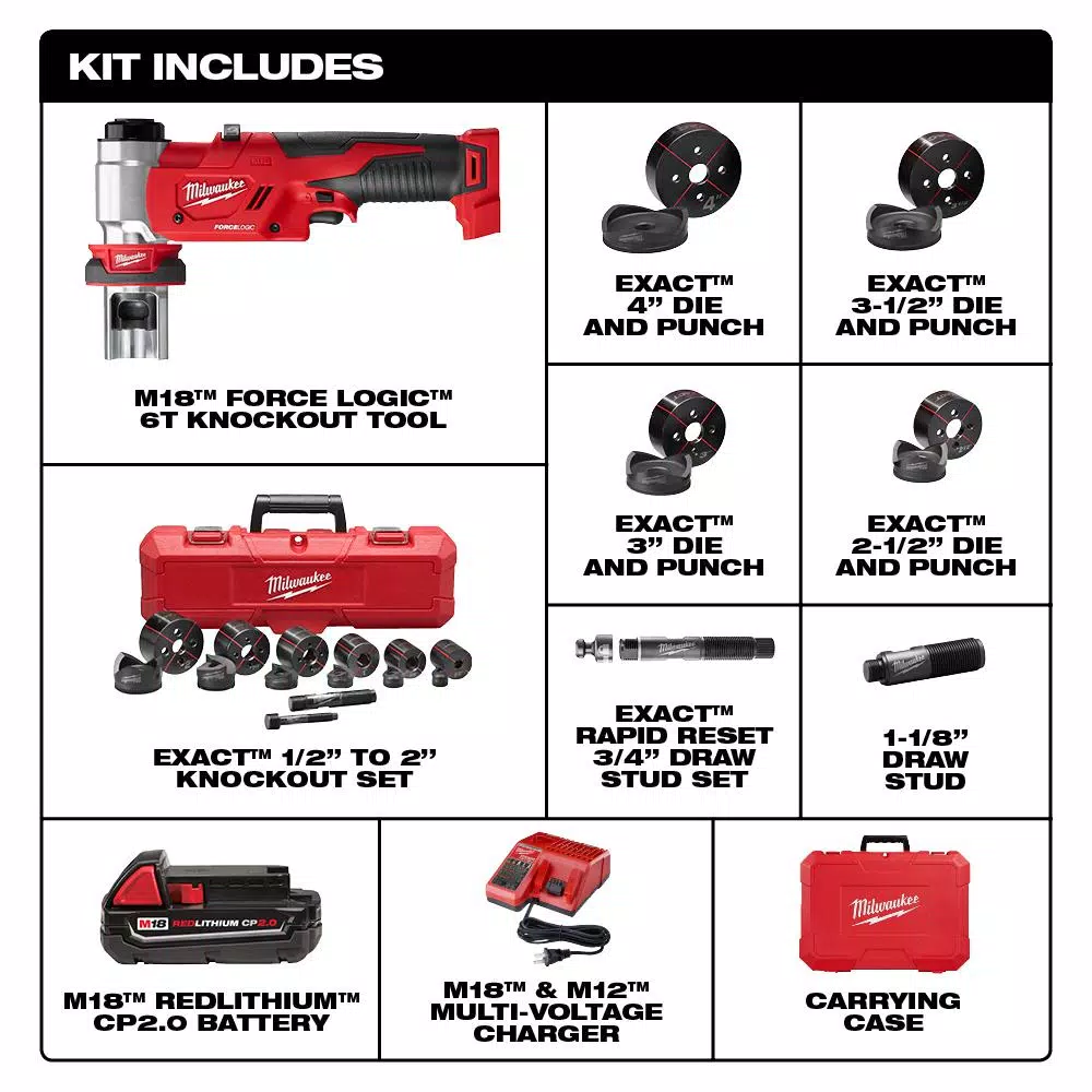 Milwaukee M18 FORCE LOGIC 6 Ton Knockout Tool Kit with M18 FUEL Hammer Drill and Step Bits Set