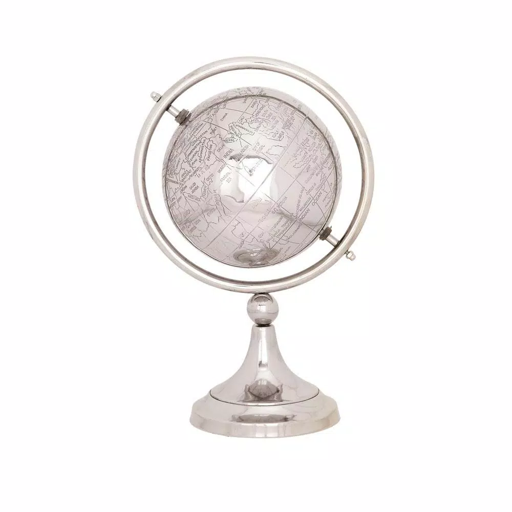 LITTON LANE 14 in. Modern Silver Globe with Axis Ring and Metal Base