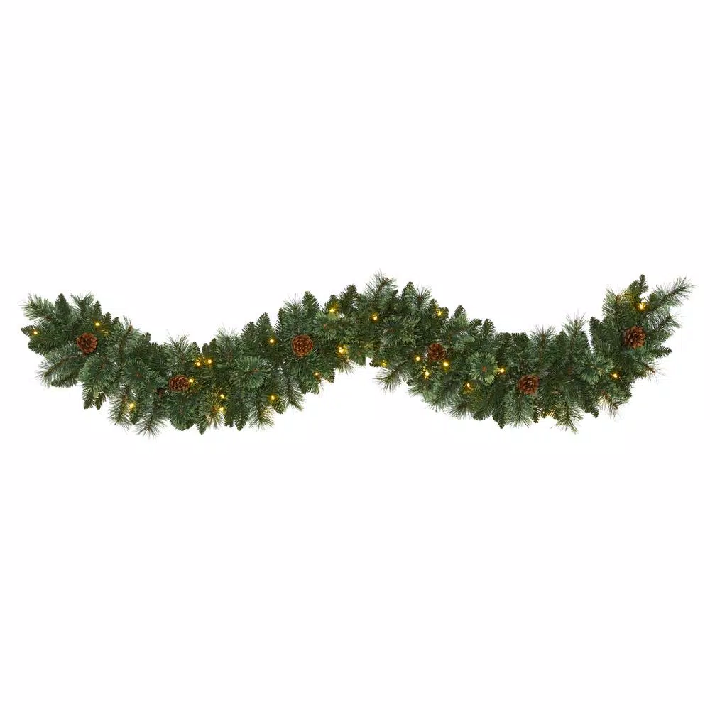Nearly Natural 6 ft. Pre-lit Mountain Pine Artificial Garland with 35 Warm White LED Lights and Pinecones
