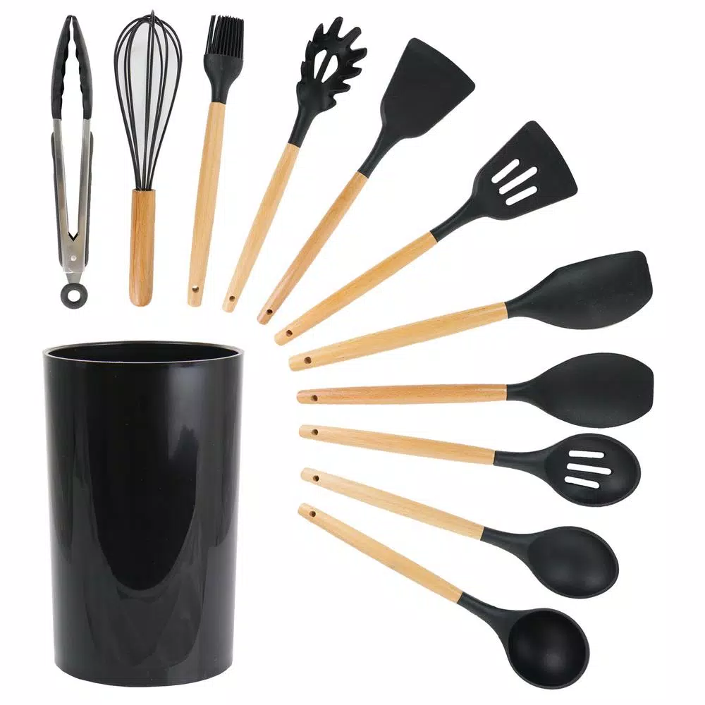 MegaChef 12-Piece Black Silicone and Wood Kitchen Utensil Set