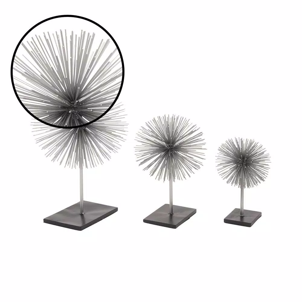LITTON LANE Set of 3 Metal Starburst Sculptures with Stand - Silver and Black Iron Wire Decor
